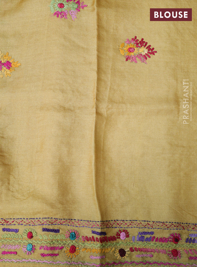 Pure tussar silk saree mustard shade with embrioidery work buttas and kantha stitch work pallu