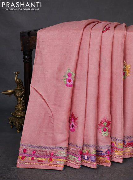 Pure tussar silk saree peach shade with embrioidery work buttas and kantha stitch work pallu