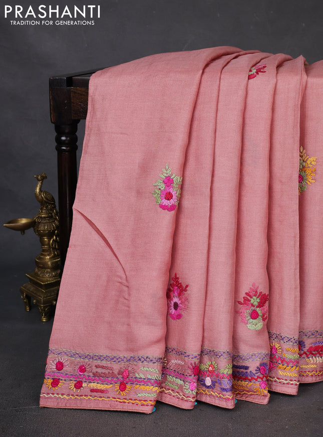Pure tussar silk saree peach shade with embrioidery work buttas and kantha stitch work pallu
