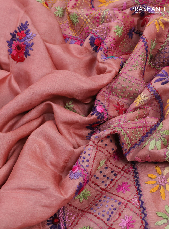 Pure tussar silk saree peach shade with embrioidery work buttas and kantha stitch work pallu