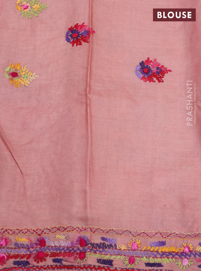Pure tussar silk saree peach shade with embrioidery work buttas and kantha stitch work pallu