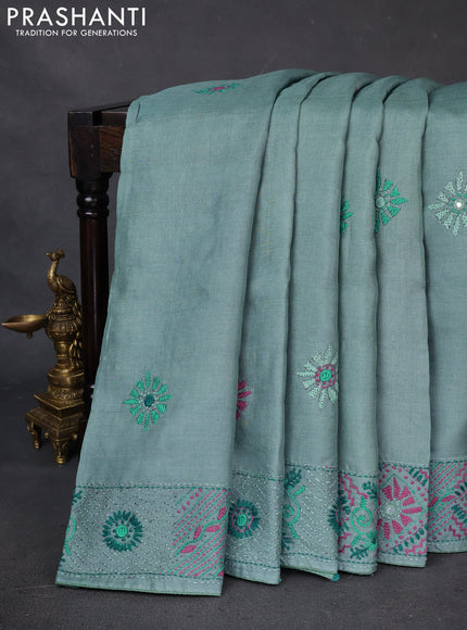 Pure tussar silk saree teal blue with embrioidery work buttas and kantha stitch work pallu