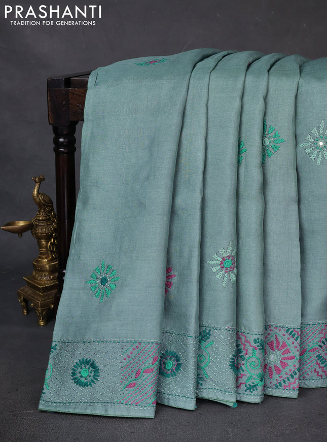Pure tussar silk saree teal blue with embrioidery work buttas and kantha stitch work pallu