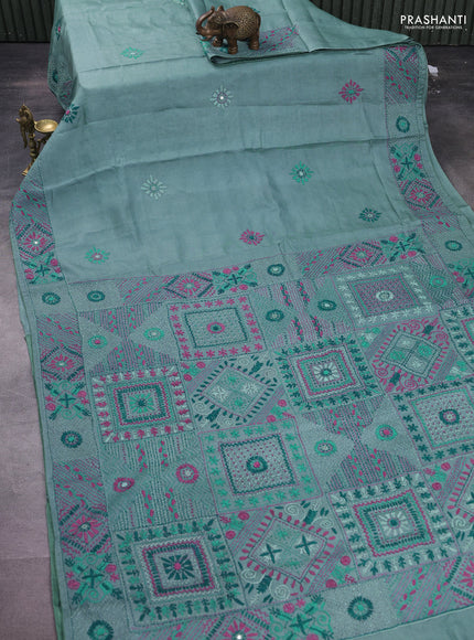 Pure tussar silk saree teal blue with embrioidery work buttas and kantha stitch work pallu