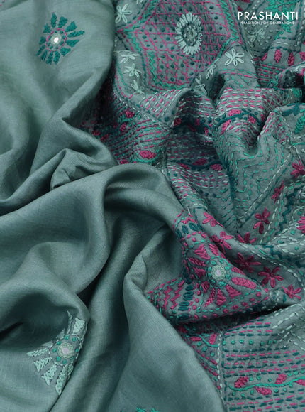 Pure tussar silk saree teal blue with embrioidery work buttas and kantha stitch work pallu