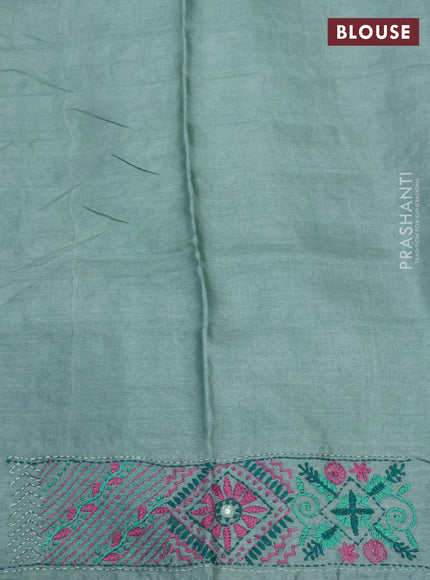 Pure tussar silk saree teal blue with embrioidery work buttas and kantha stitch work pallu