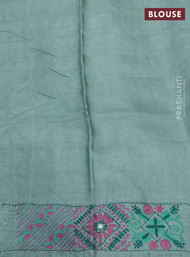 Pure tussar silk saree teal blue with embrioidery work buttas and kantha stitch work pallu
