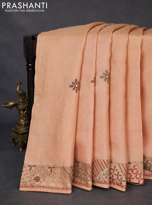 Pure tussar silk saree pale orange with embrioidery work buttas and kantha stitch work pallu