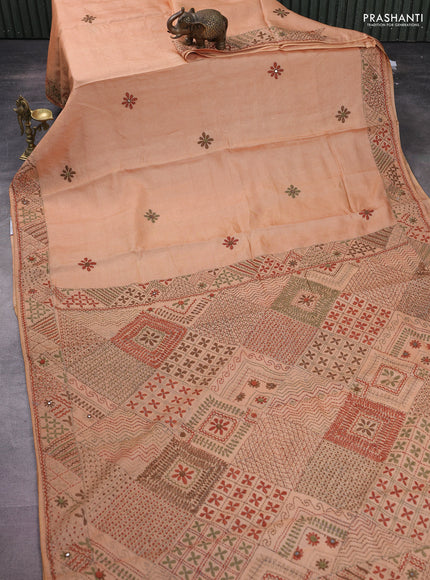 Pure tussar silk saree pale orange with embrioidery work buttas and kantha stitch work pallu