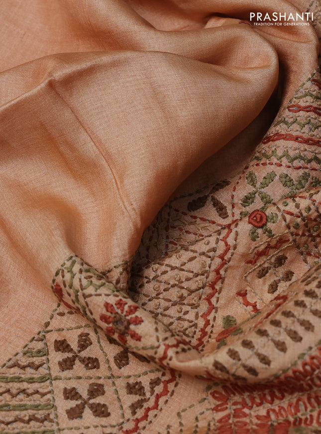 Pure tussar silk saree pale orange with embrioidery work buttas and kantha stitch work pallu