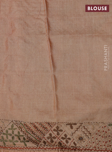 Pure tussar silk saree pale orange with embrioidery work buttas and kantha stitch work pallu