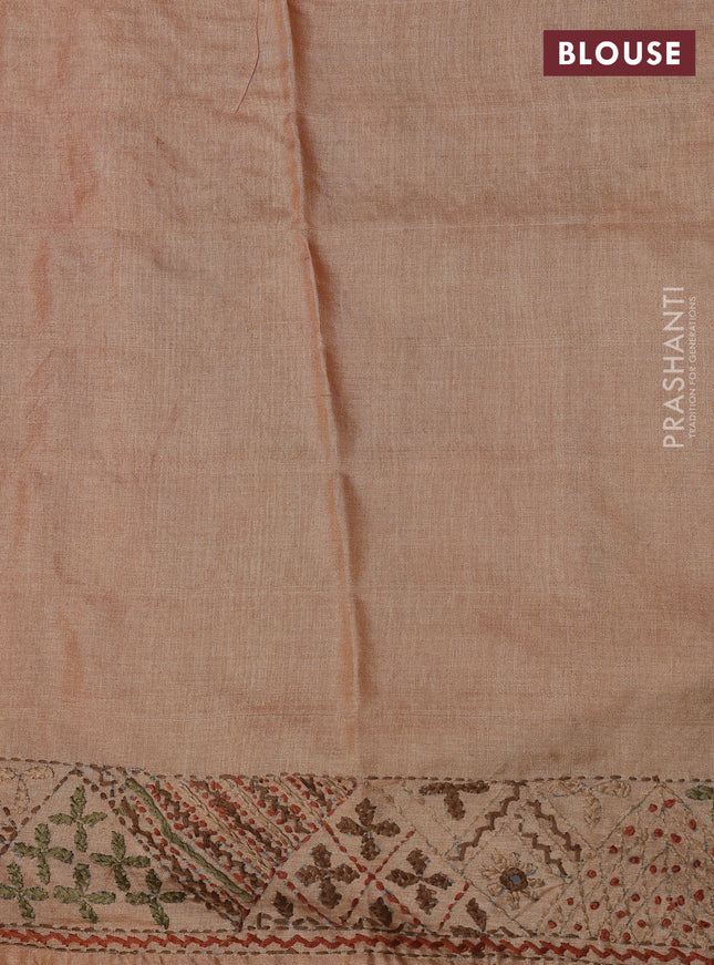 Pure tussar silk saree pale orange with embrioidery work buttas and kantha stitch work pallu