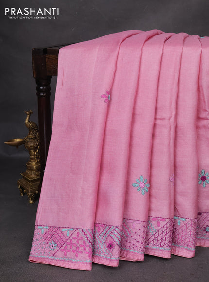 Pure tussar silk saree light pink with embrioidery work buttas and kantha work pallu
