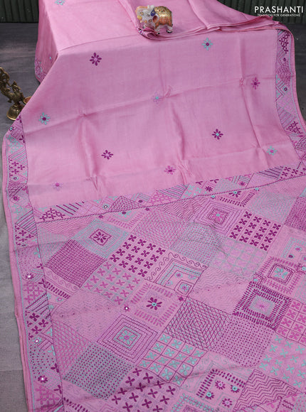 Pure tussar silk saree light pink with embrioidery work buttas and kantha work pallu