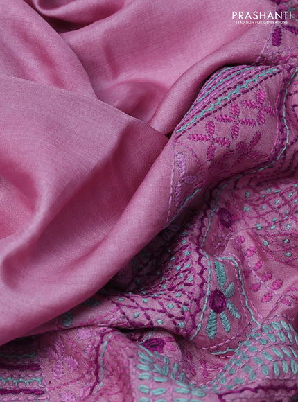 Pure tussar silk saree light pink with embrioidery work buttas and kantha work pallu
