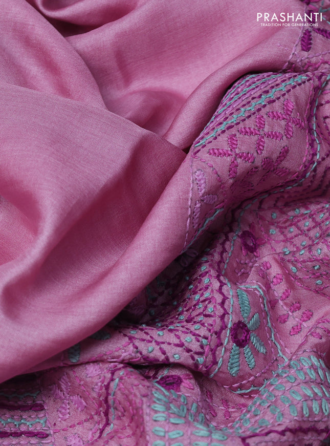 Pure tussar silk saree light pink with embrioidery work buttas and kantha work pallu