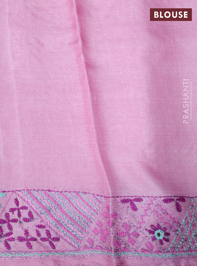 Pure tussar silk saree light pink with embrioidery work buttas and kantha work pallu