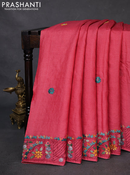Pure tussar silk saree red with embrioidery work buttas and kantha work pallu