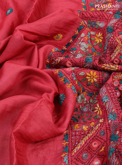 Pure tussar silk saree red with embrioidery work buttas and kantha work pallu
