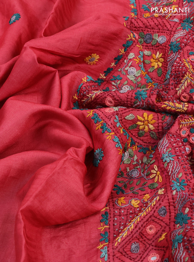 Pure tussar silk saree red with embrioidery work buttas and kantha work pallu