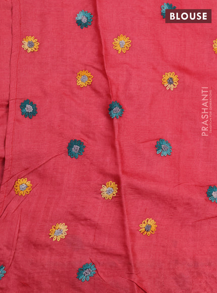 Pure tussar silk saree red with embrioidery work buttas and kantha work pallu