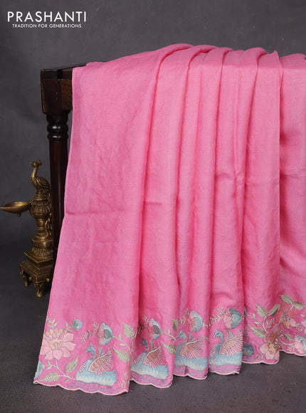 Pure tussar silk saree light pink with plain body and floral design embroidery border