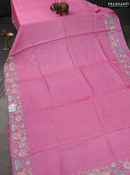 Pure tussar silk saree light pink with plain body and floral design embroidery border