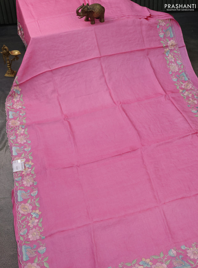 Pure tussar silk saree light pink with plain body and floral design embroidery border