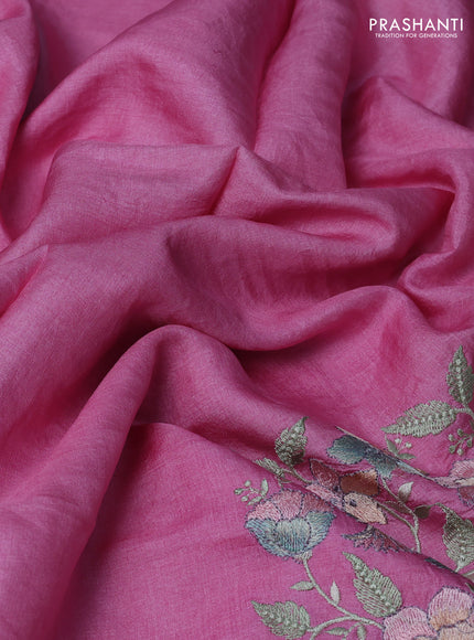 Pure tussar silk saree light pink with plain body and floral design embroidery border