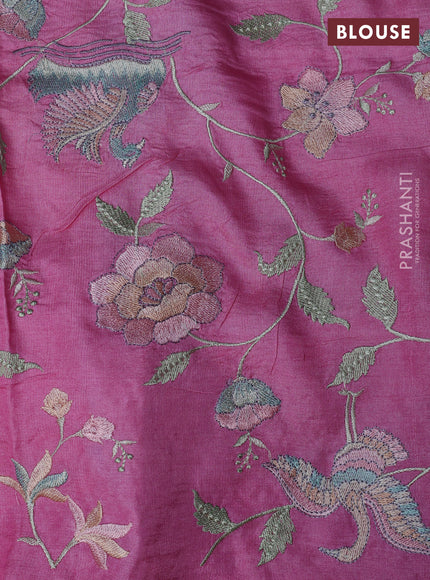 Pure tussar silk saree light pink with plain body and floral design embroidery border