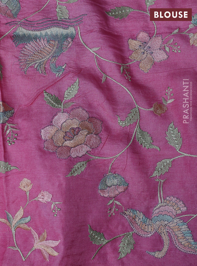 Pure tussar silk saree light pink with plain body and floral design embroidery border