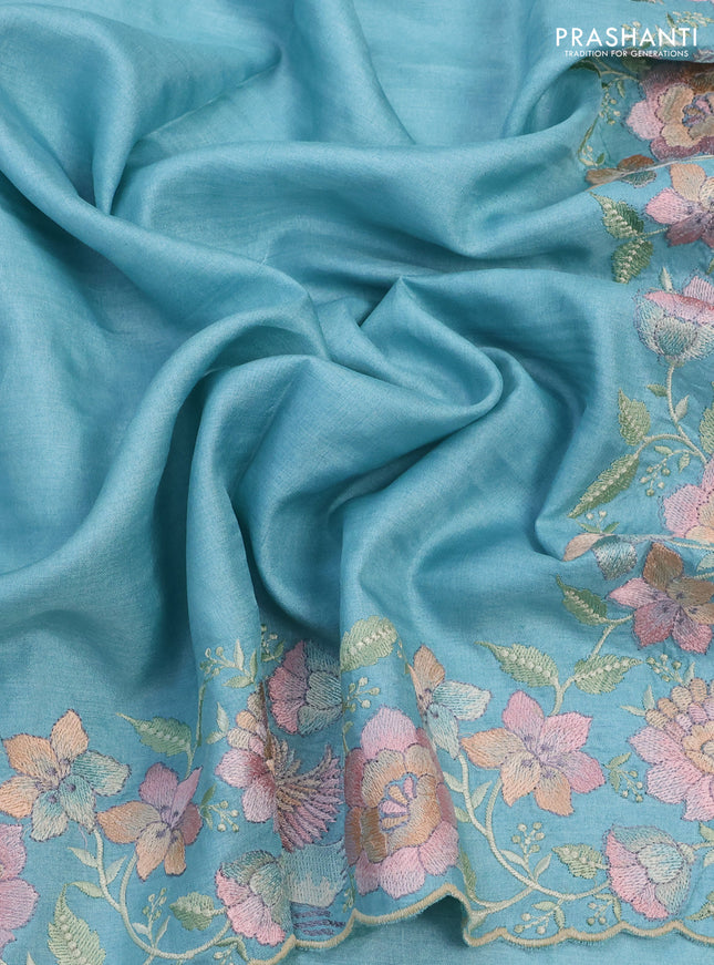 Pure tussar silk saree light blue with plain body and floral design embroidery border