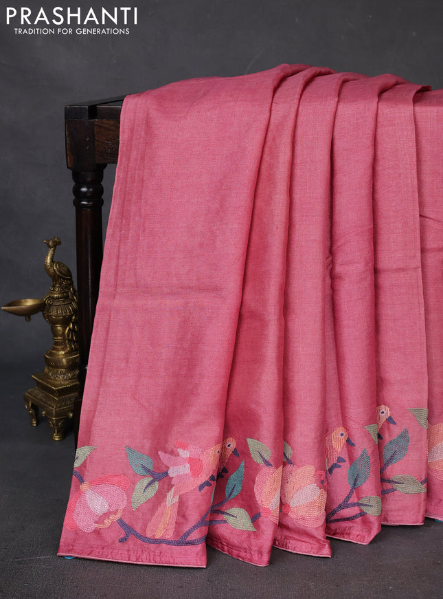 Pure tussar silk saree peach pink with plain body and embroidery border