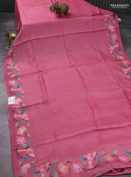 Pure tussar silk saree peach pink with plain body and embroidery border