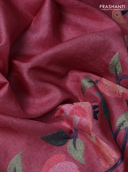 Pure tussar silk saree peach pink with plain body and embroidery border