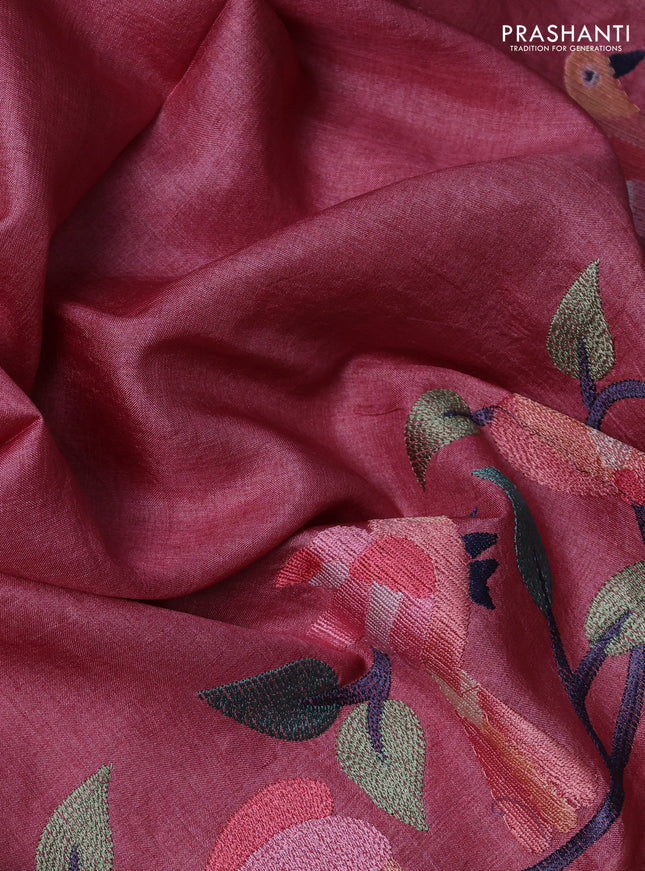 Pure tussar silk saree peach pink with plain body and embroidery border