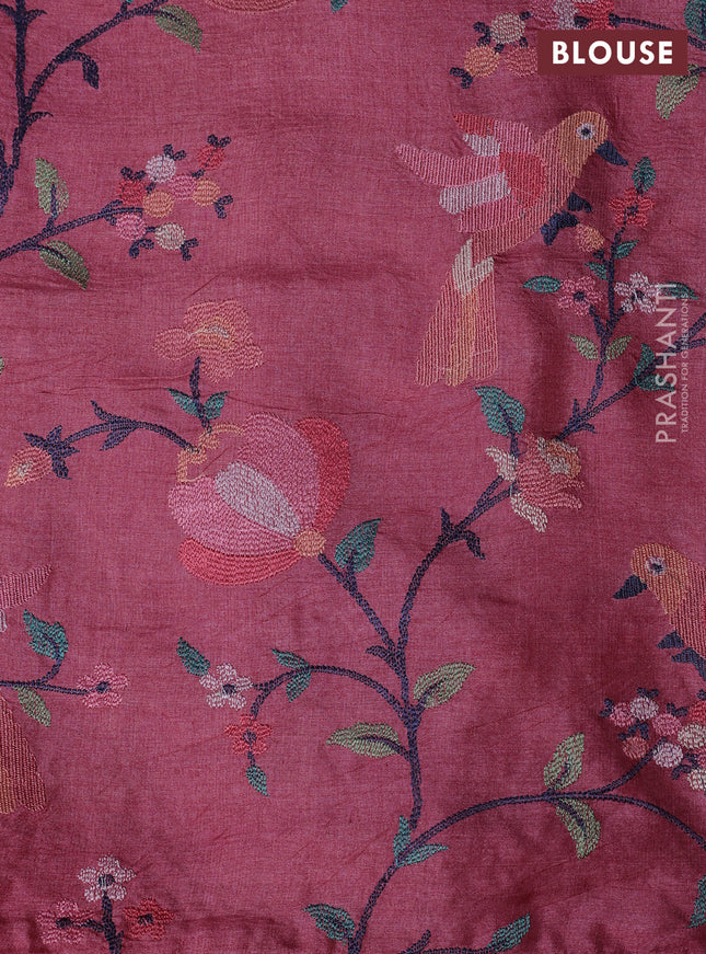 Pure tussar silk saree peach pink with plain body and embroidery border