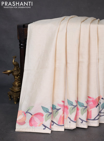 Pure tussar silk saree cream with plain body and embroidery border