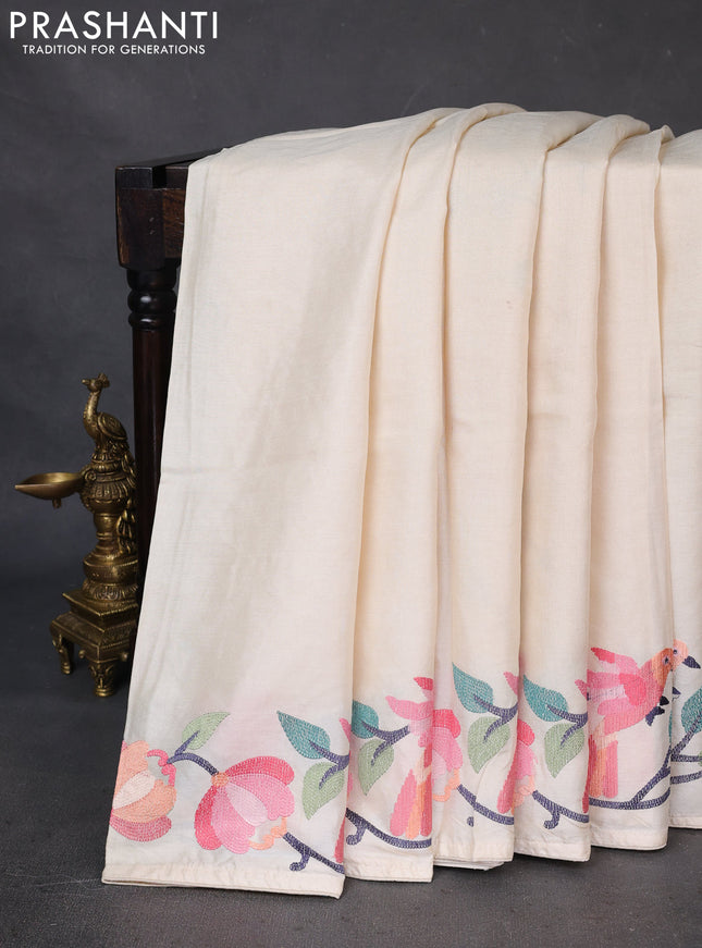 Pure tussar silk saree cream with plain body and embroidery border