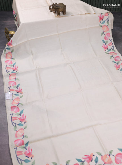 Pure tussar silk saree cream with plain body and embroidery border