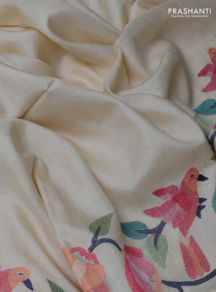 Pure tussar silk saree cream with plain body and embroidery border
