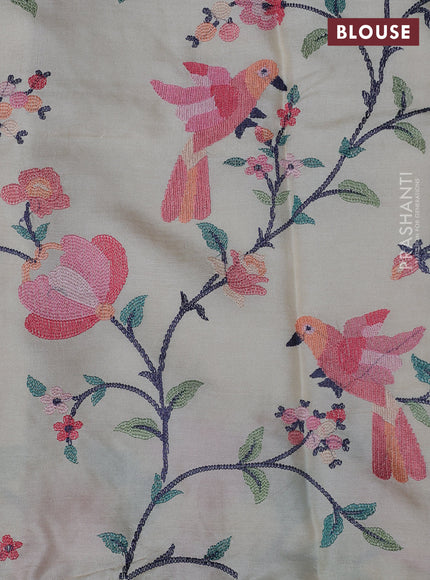 Pure tussar silk saree cream with plain body and embroidery border