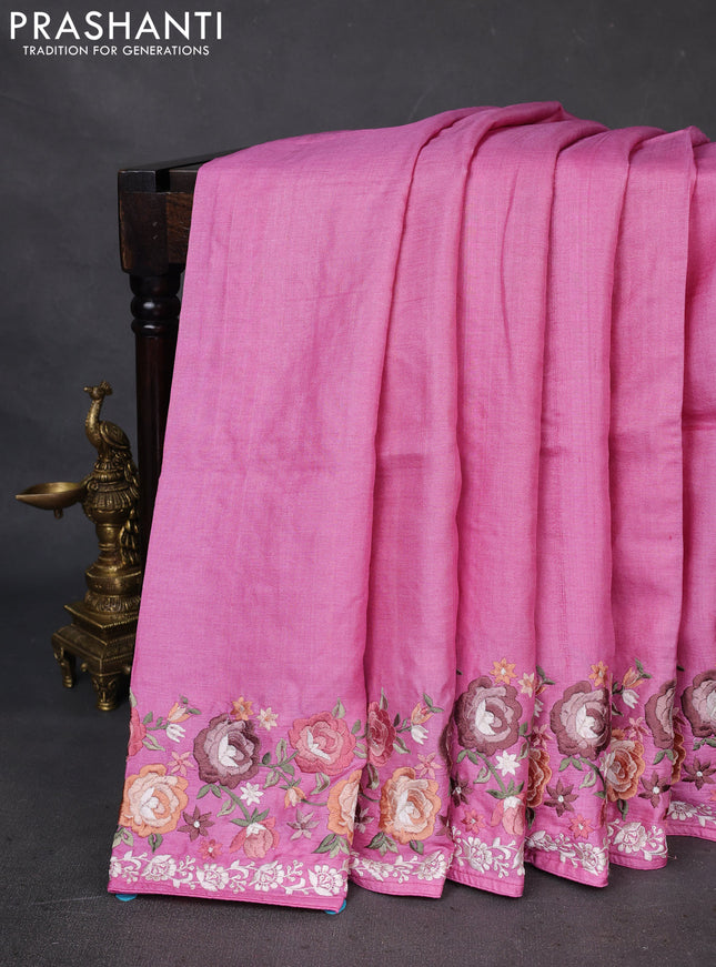 Pure tussar silk saree light pink with plain body and floral design embroidery border