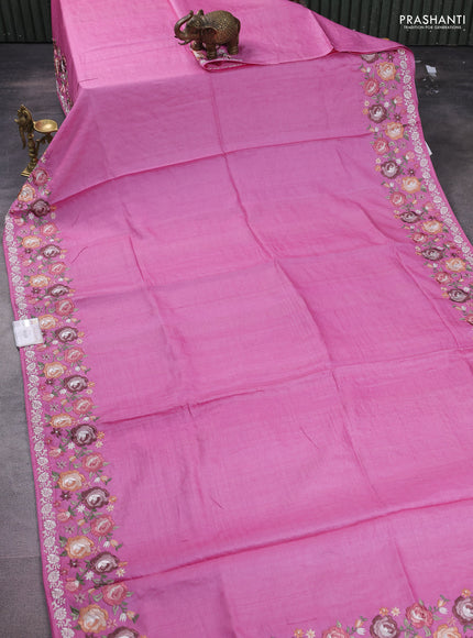 Pure tussar silk saree light pink with plain body and floral design embroidery border