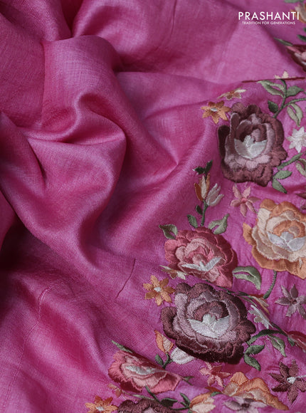 Pure tussar silk saree light pink with plain body and floral design embroidery border