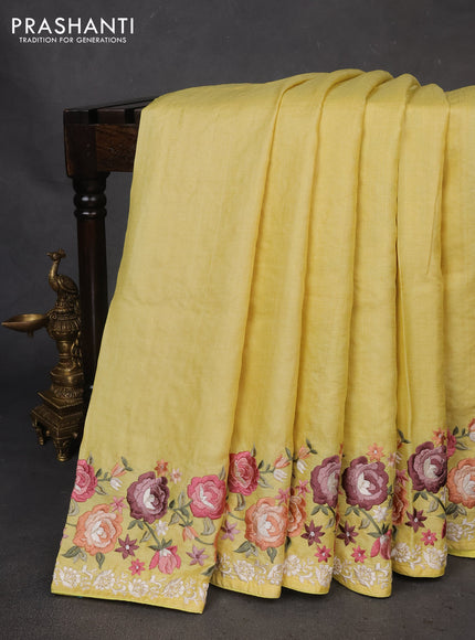 Pure tussar silk saree lime yellow with plain body and floral design embroidery border