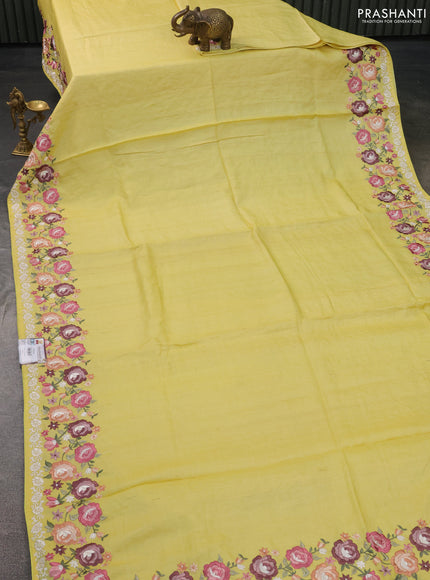 Pure tussar silk saree lime yellow with plain body and floral design embroidery border