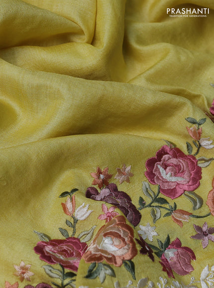 Pure tussar silk saree lime yellow with plain body and floral design embroidery border