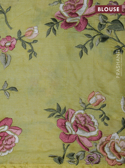 Pure tussar silk saree lime yellow with plain body and floral design embroidery border