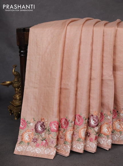 Pure tussar silk saree sandal with plain body and floral design embroidery border